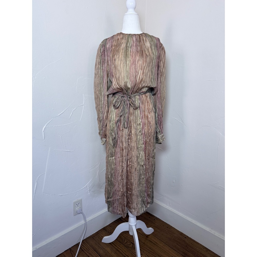 Vintage Adrianna Papell 100% Silk Shimmer Stripe Belted Midi Dress Korea 10